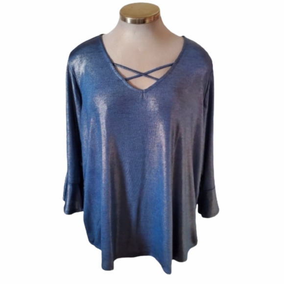NAVY BLUE SHIMMER ☆ CAGE NECK TOP ☆ 4X ☆ NWT - Picture 2 of 10
